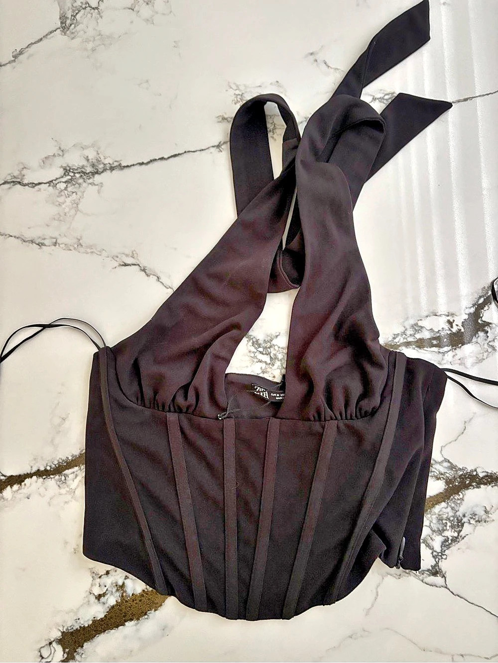 Zara Halter Corset Top Black Lace-Up Crop Top